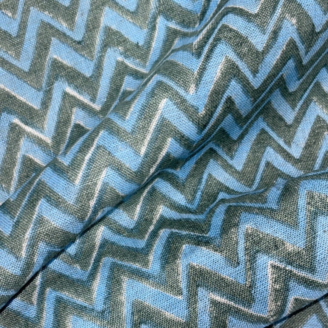 Close-up of fabric with blue and gray zigzag pattern