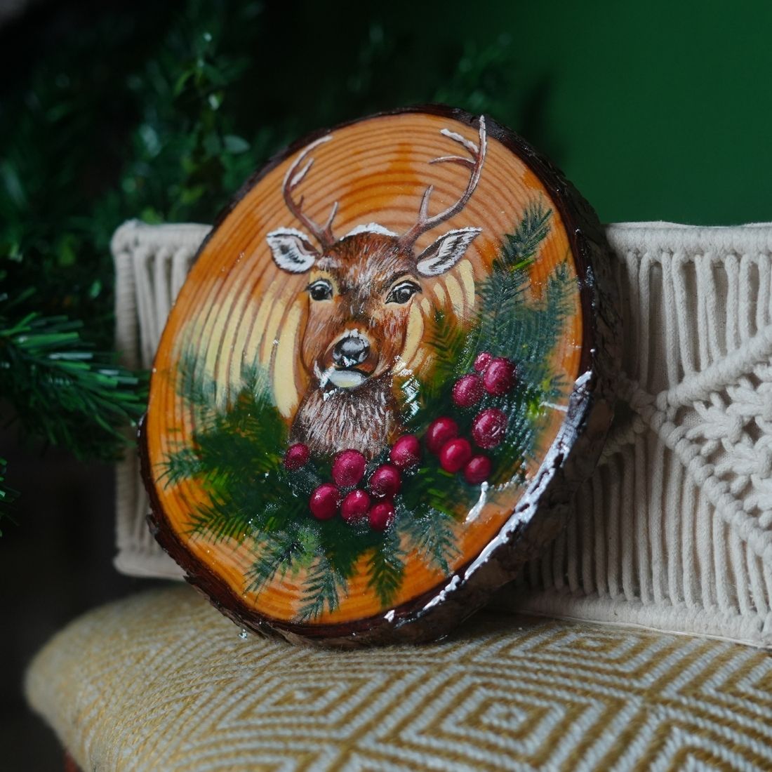 Hand Painted Wooden Christmas Deer Wall Decor