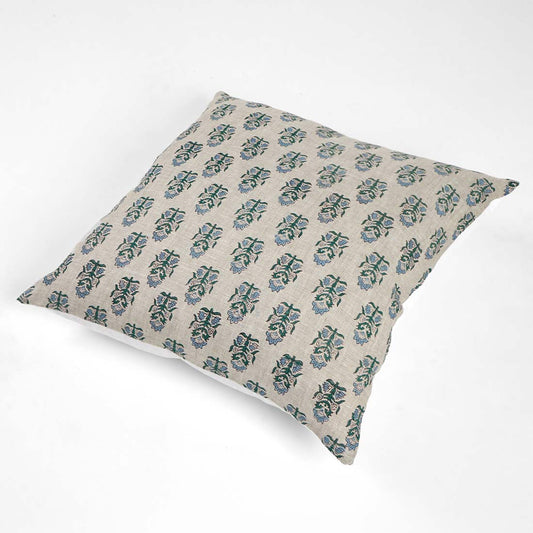 Iris Block Printed Pillow Cover | Handcrafted Floral Motif | Linen Pillow Cover