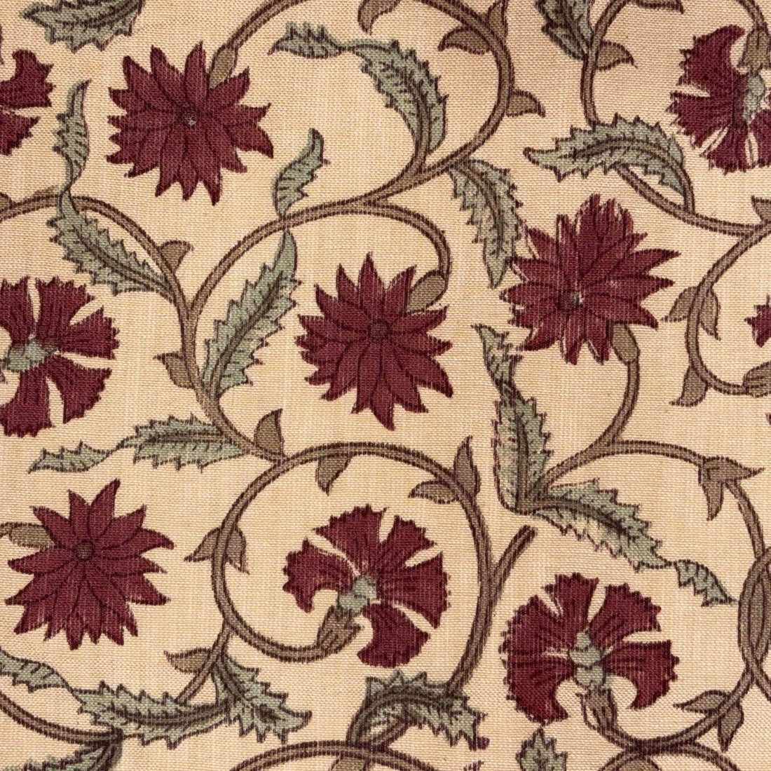 Patterned fabric with maroon flowers and green leaves on a beige background