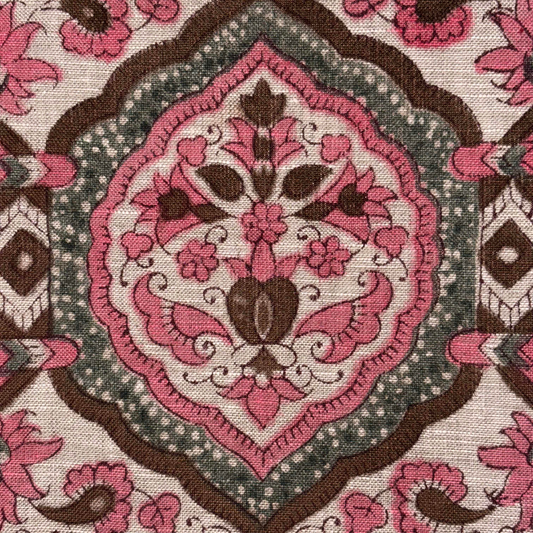 Close-up of a patterned fabric with pink and brown design