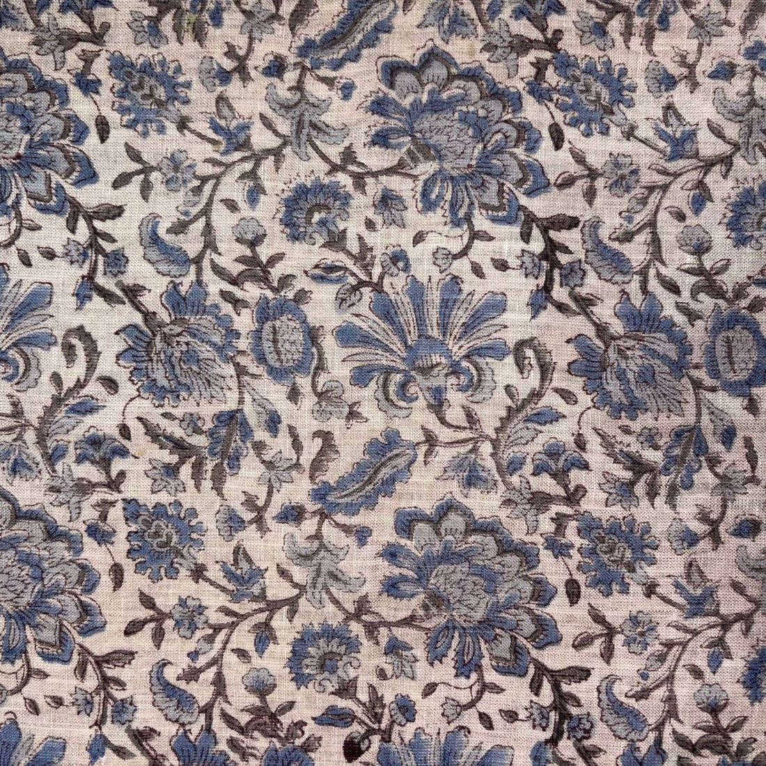 Close-up of a floral patterned fabric with blue and brown colors.