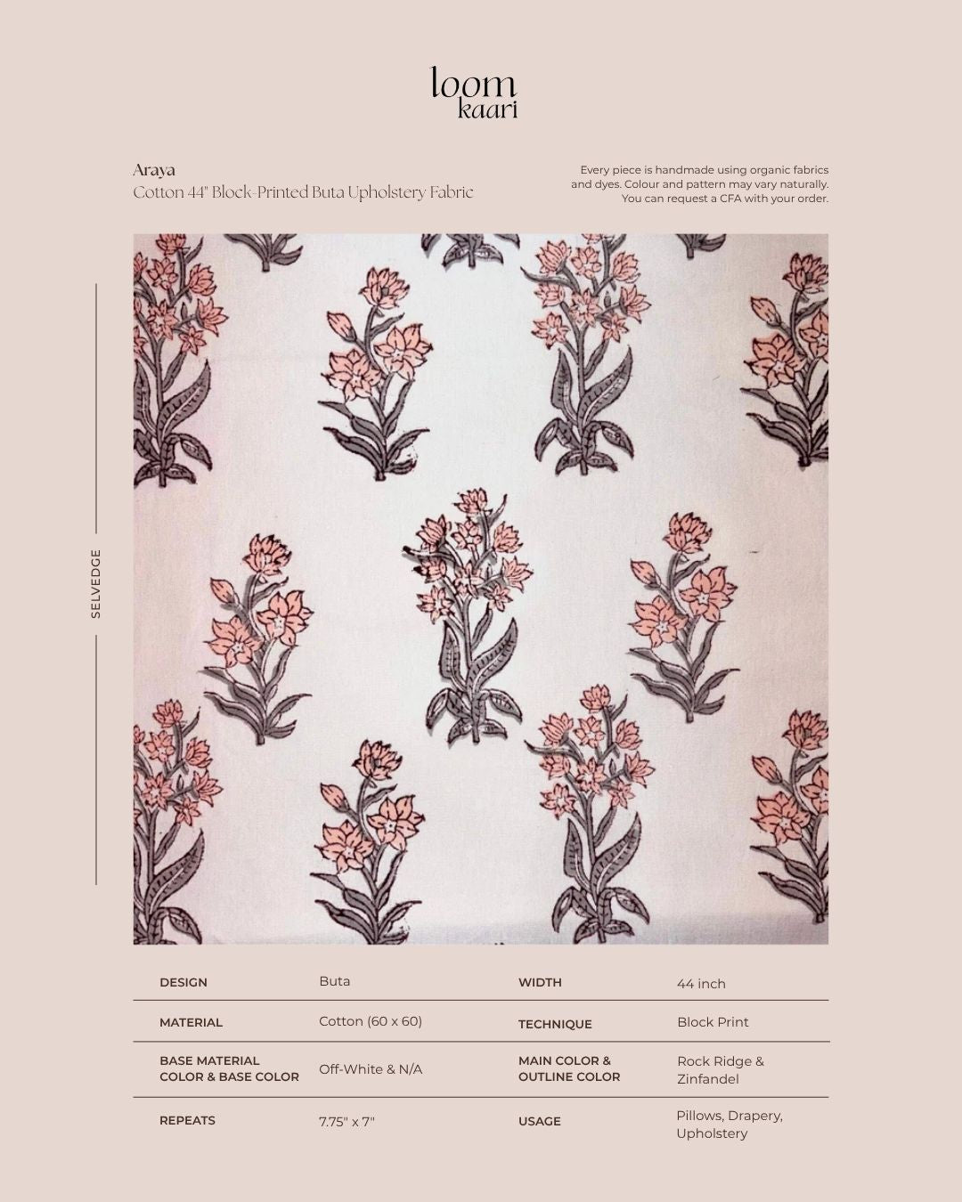 Floral patterned fabric swatch details.
