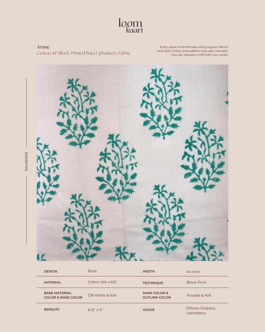 Fabric with green leaf pattern on a white background.