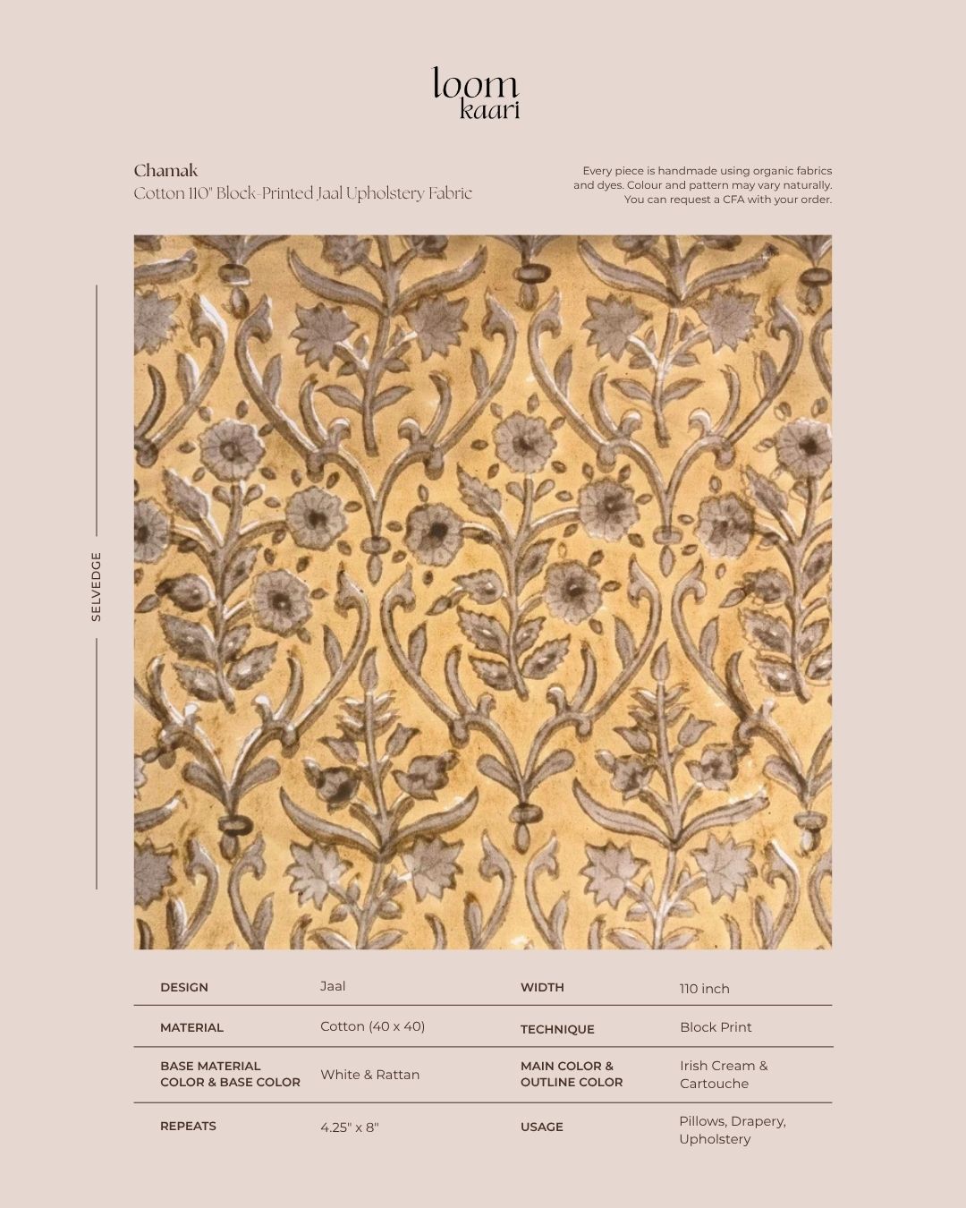 Chamak Cotton 110" Block-Printed Jaal Upholstery Fabric