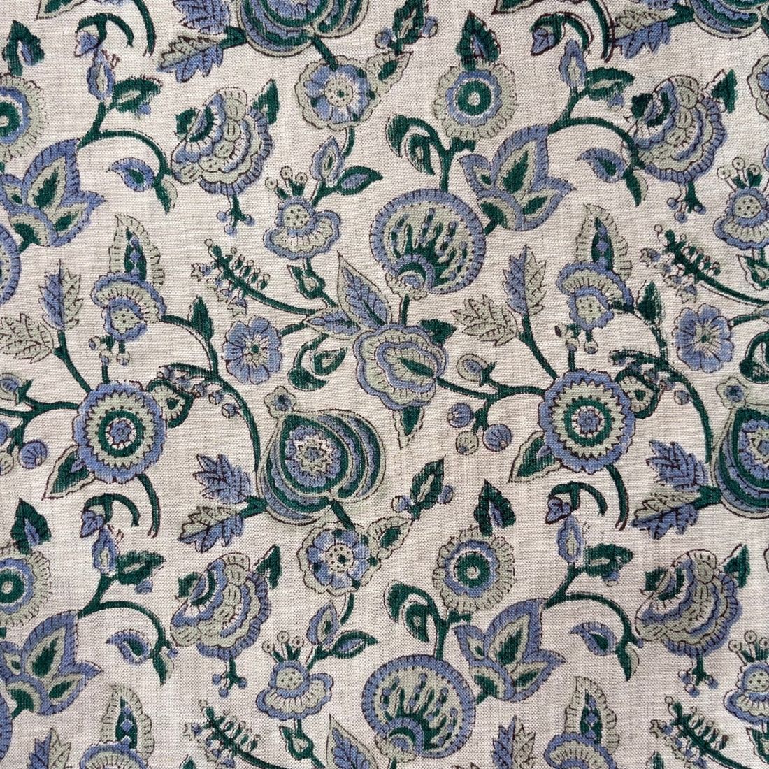Floral patterned fabric with blue and green flowers on a grey background