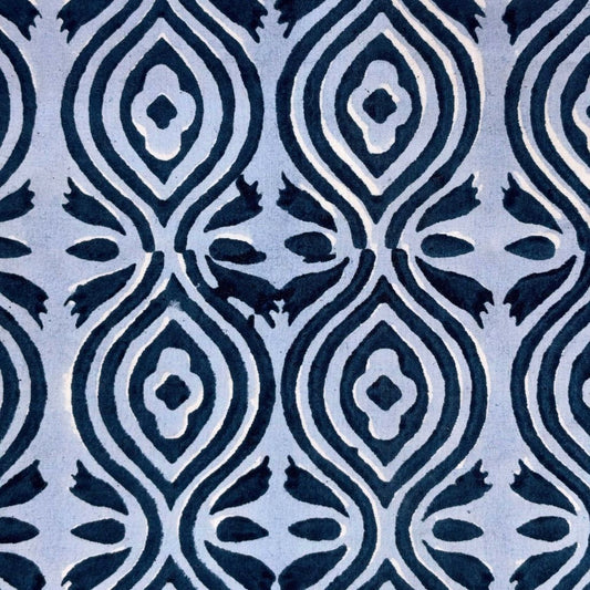 Navy blue and white geometric pattern on a textured fabric background