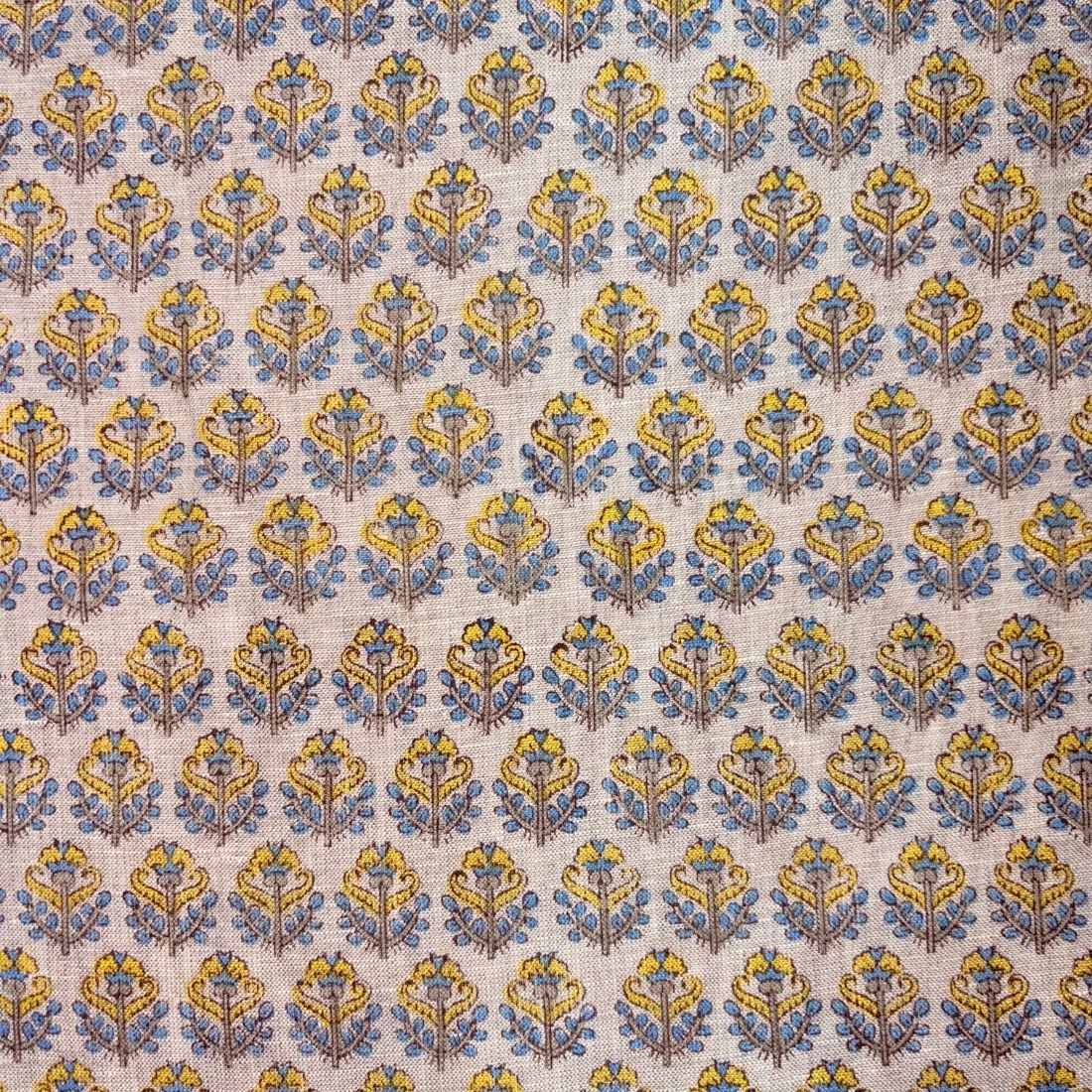 Patterned fabric with blue and yellow floral design on a grey background