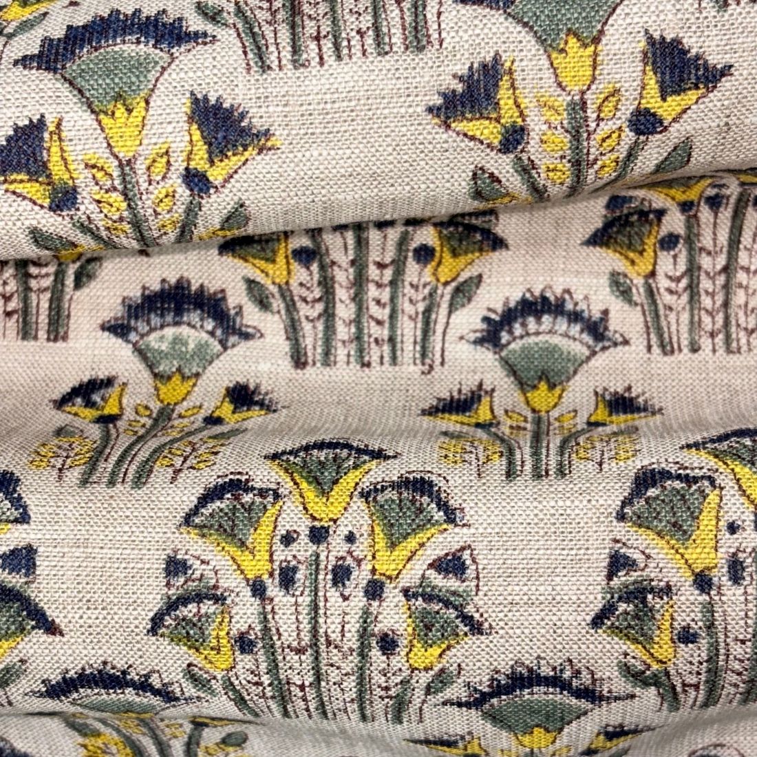 Floral patterned fabric with yellow and blue flowers on a gray background