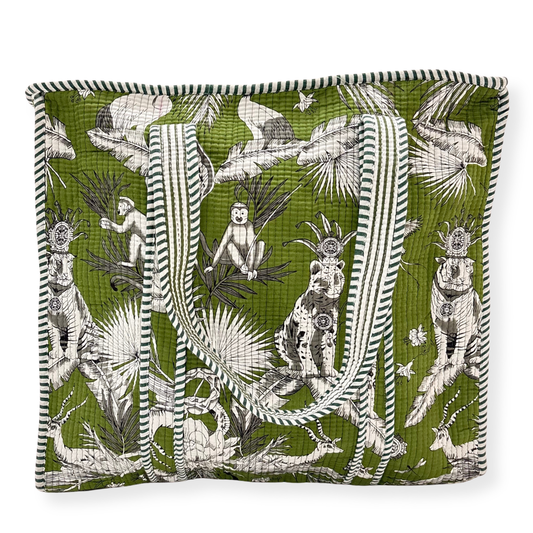 Decorative tote bag with a green background and black and white animal and plant pattern.