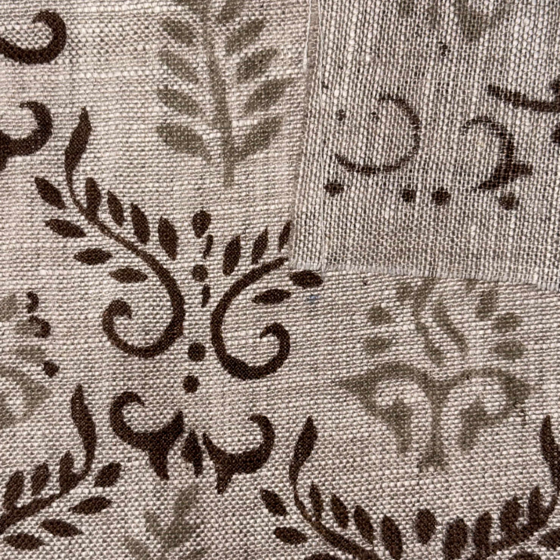 Close-up of a fabric with brown floral patterns on a grey background