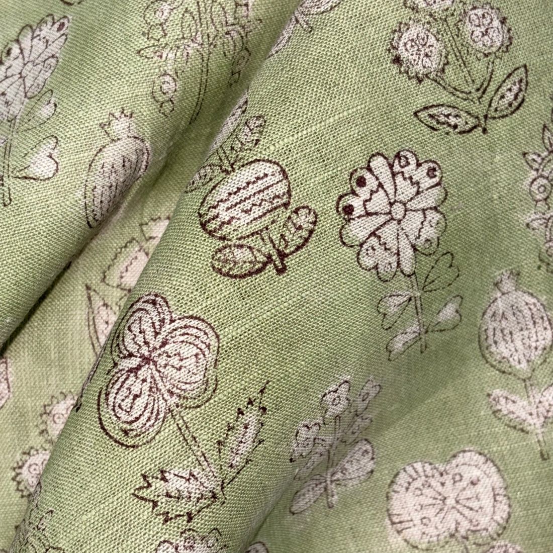 Close-up of green fabric with floral and leaf patterns