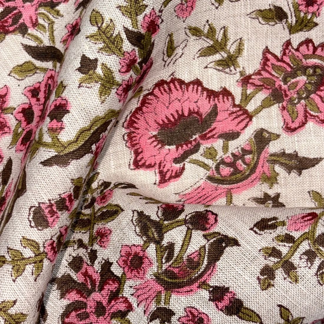 Close-up of floral fabric with pink and green flowers on a grey background