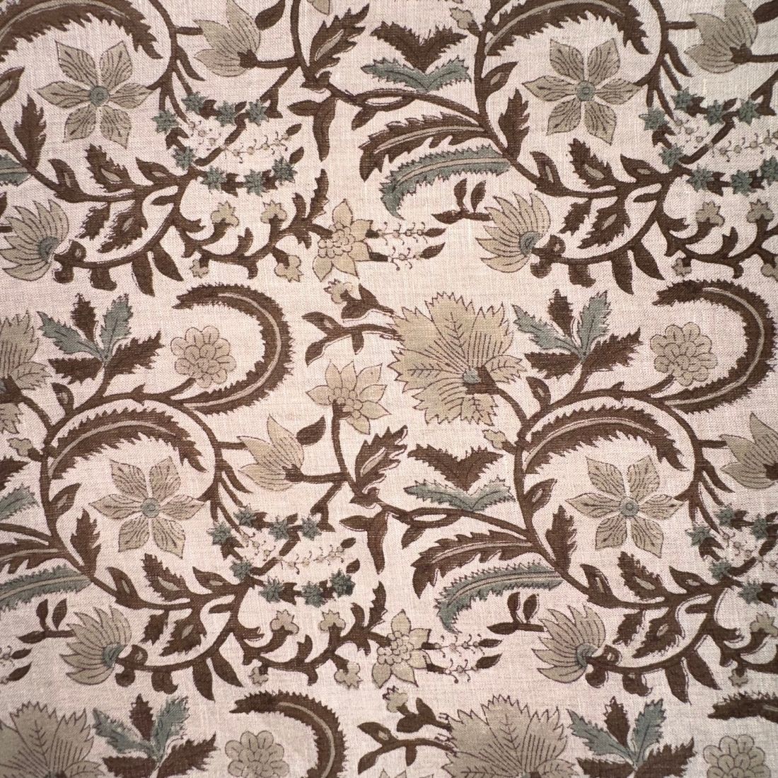 Close-up of a floral and paisley patterned fabric.