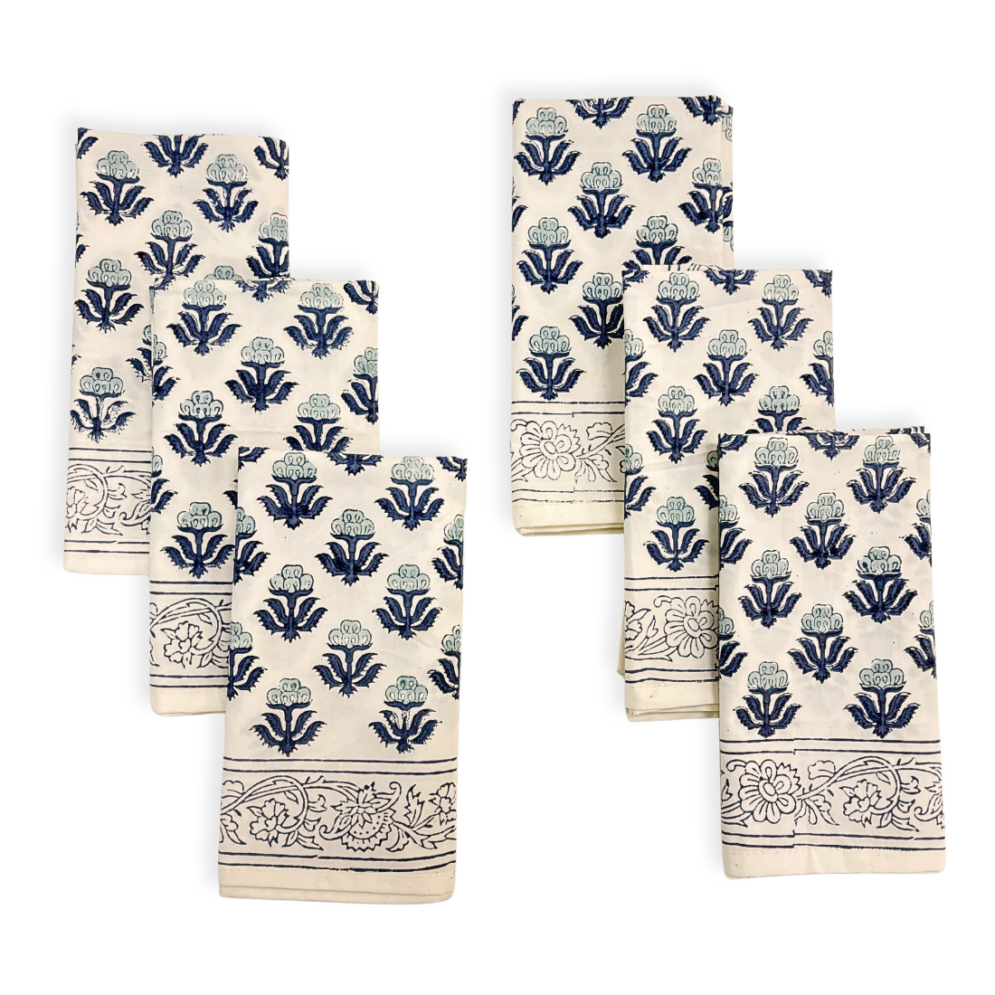 Set of six decorative napkins with blue floral patterns on a white background