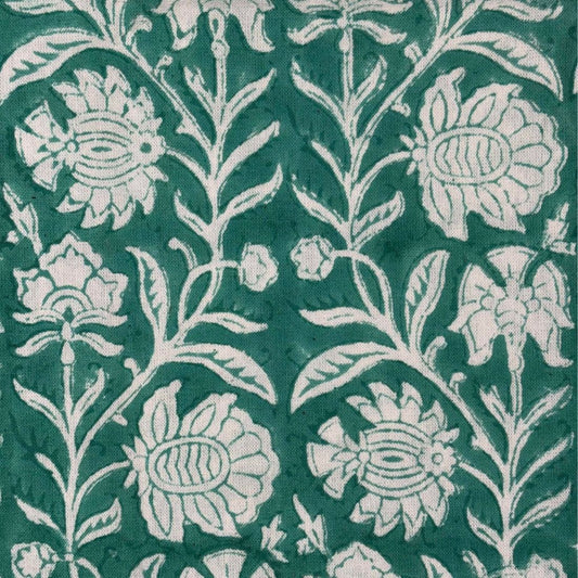 Close-up of a floral pattern on green fabric