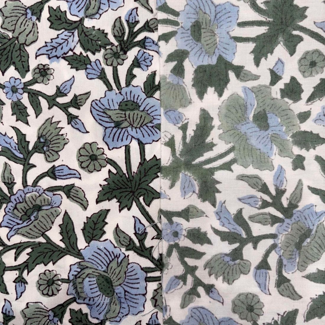 Floral pattern with blue and green flowers on a white background