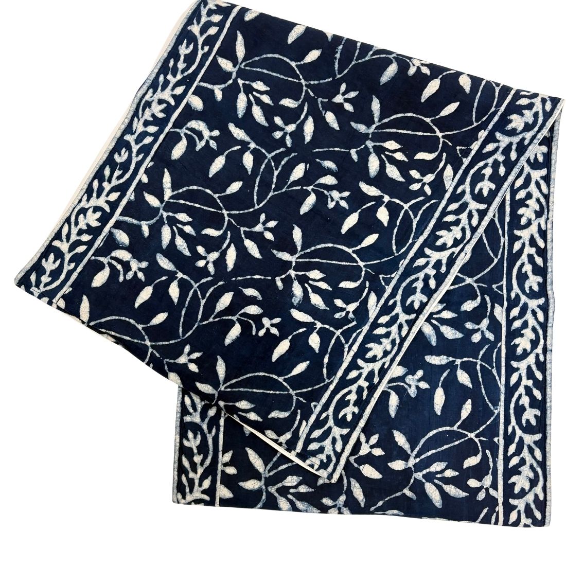 Navy blue fabric with white floral pattern on a white background