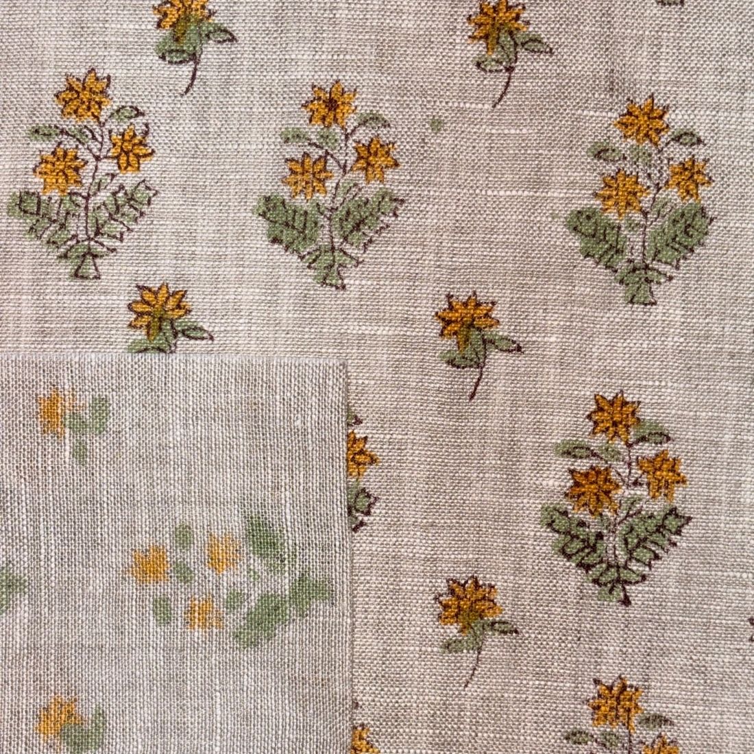 Floral pattern on fabric with yellow flowers and green leaves.
