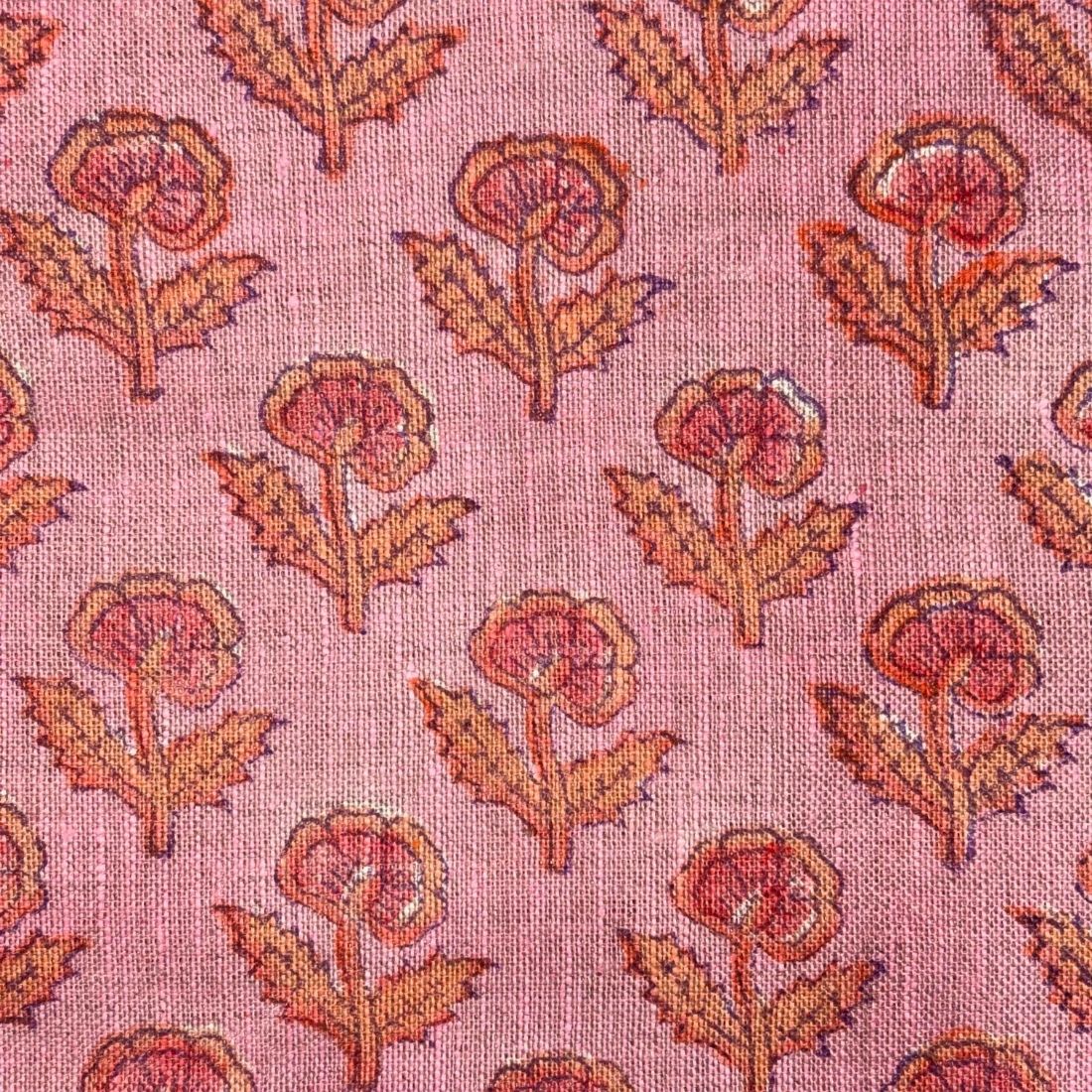 Patterned fabric with floral design on a pink background
