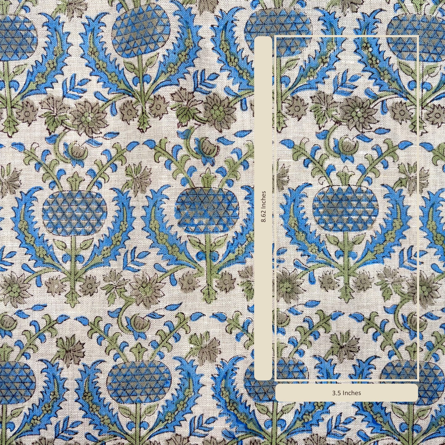 Fabric with blue and green floral pattern and a ruler for scale.