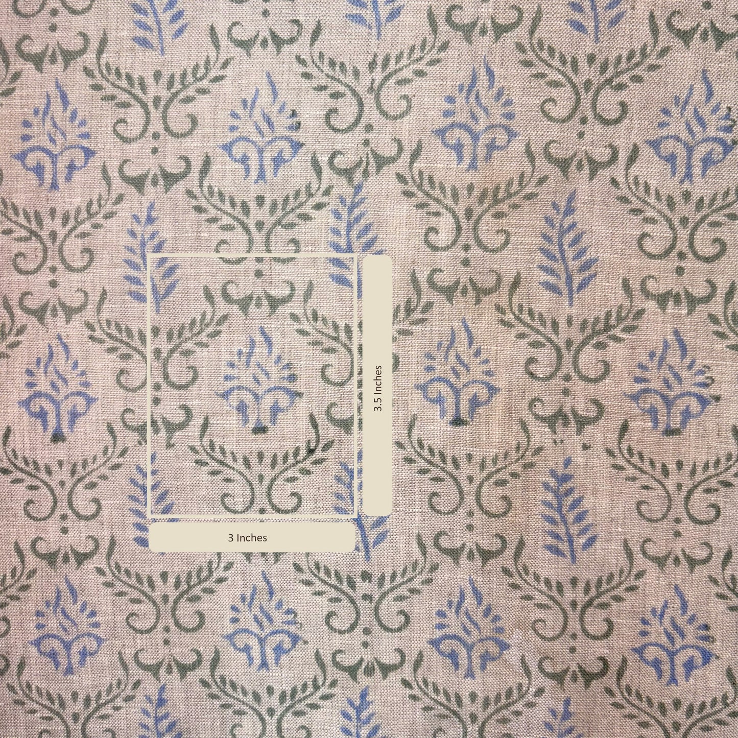 Fabric with a floral pattern and measurement label
