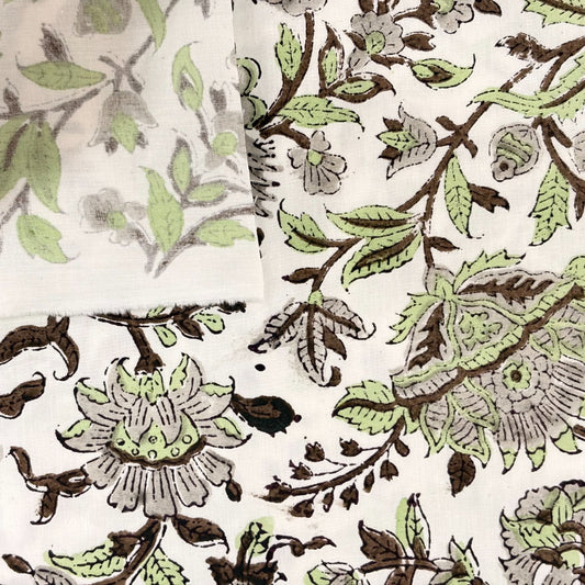 Close-up of a floral and leaf patterned fabric in green and brown on a white background