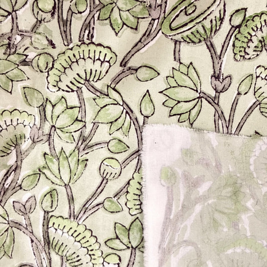 Close-up of a floral and leaf patterned fabric in green on a white background