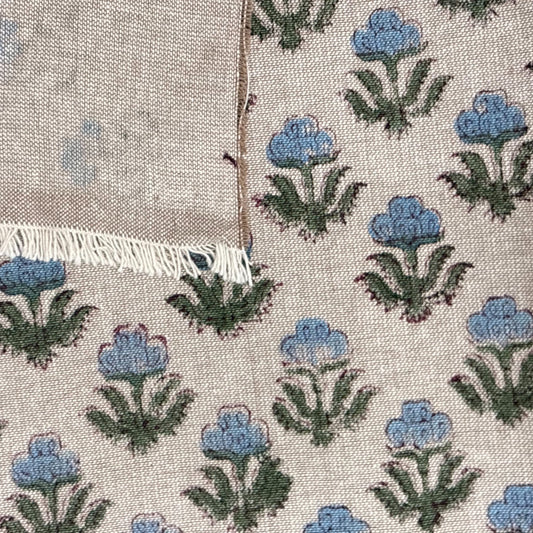 Close-up of a fabric pattern in green and blue on a white background