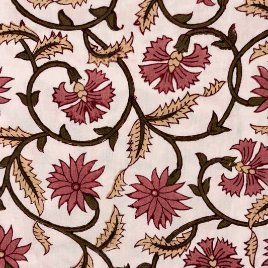 A close-up of a textile or wallpaper pattern featuring dark brown floral vines with burgundy and beige flowers on a light cream background.