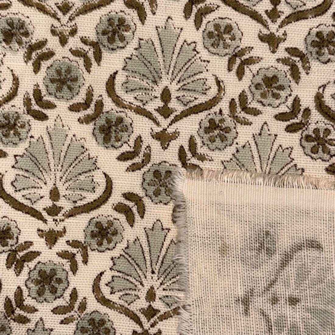 Close-up of a patterned fabric with floral and leaf designs.
