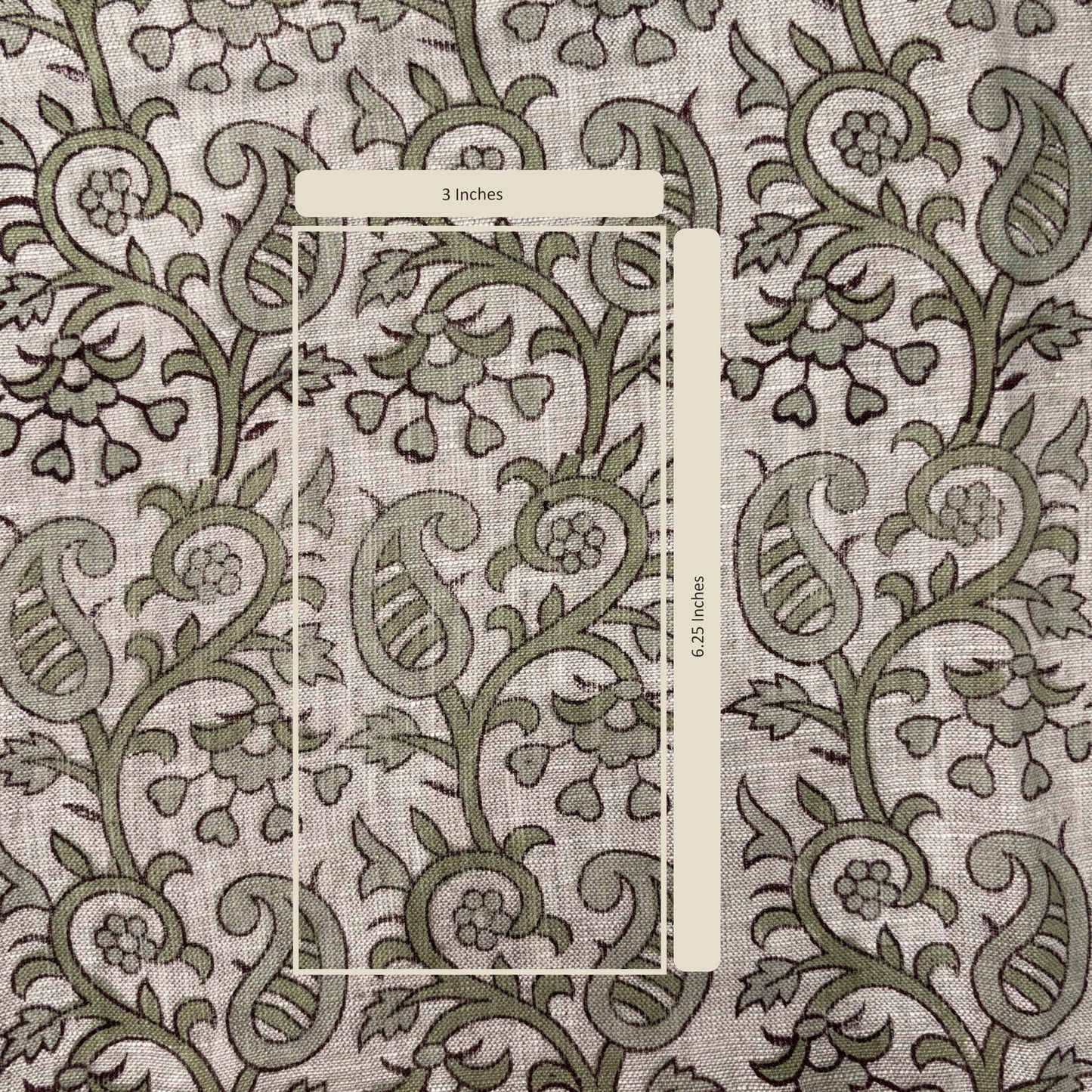 Patterned fabric with a measurement overlay on a white background