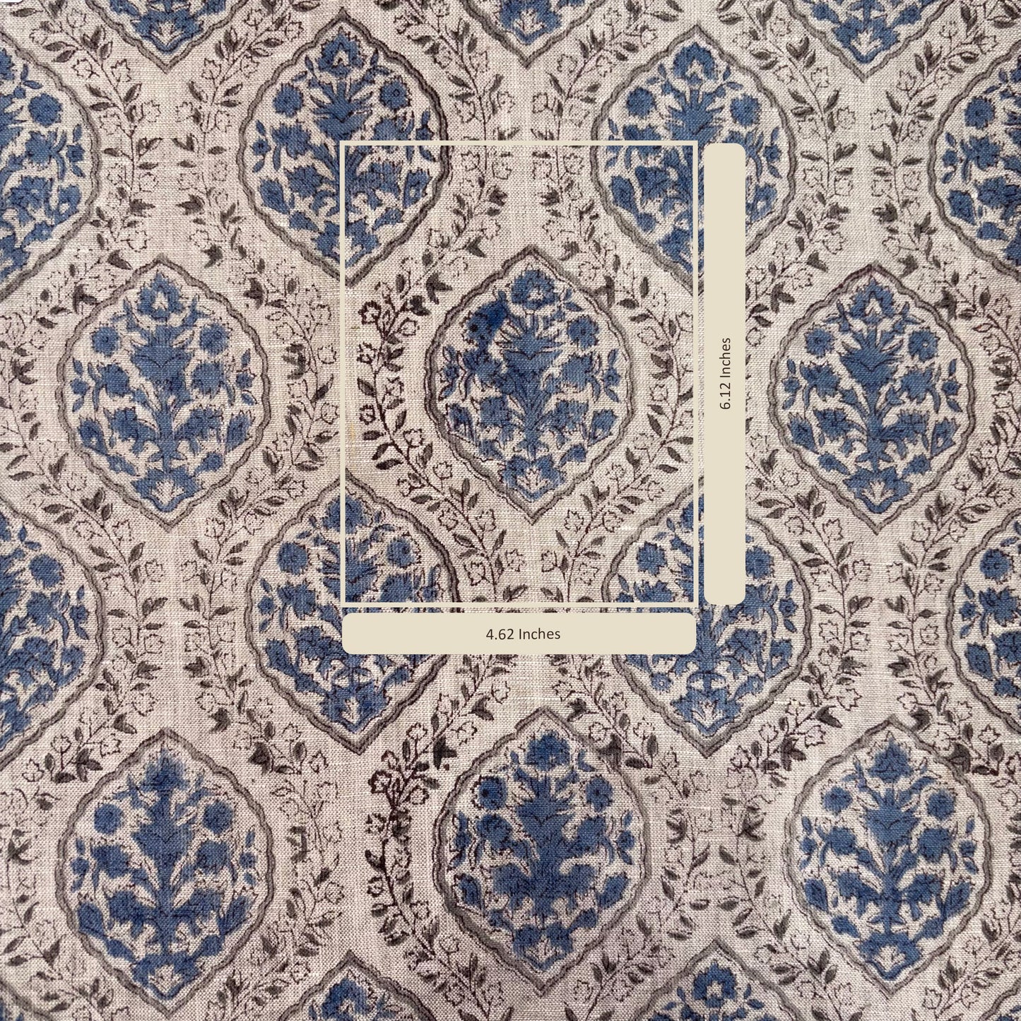 Patterned fabric with blue and grey design, featuring a ruler for scale.