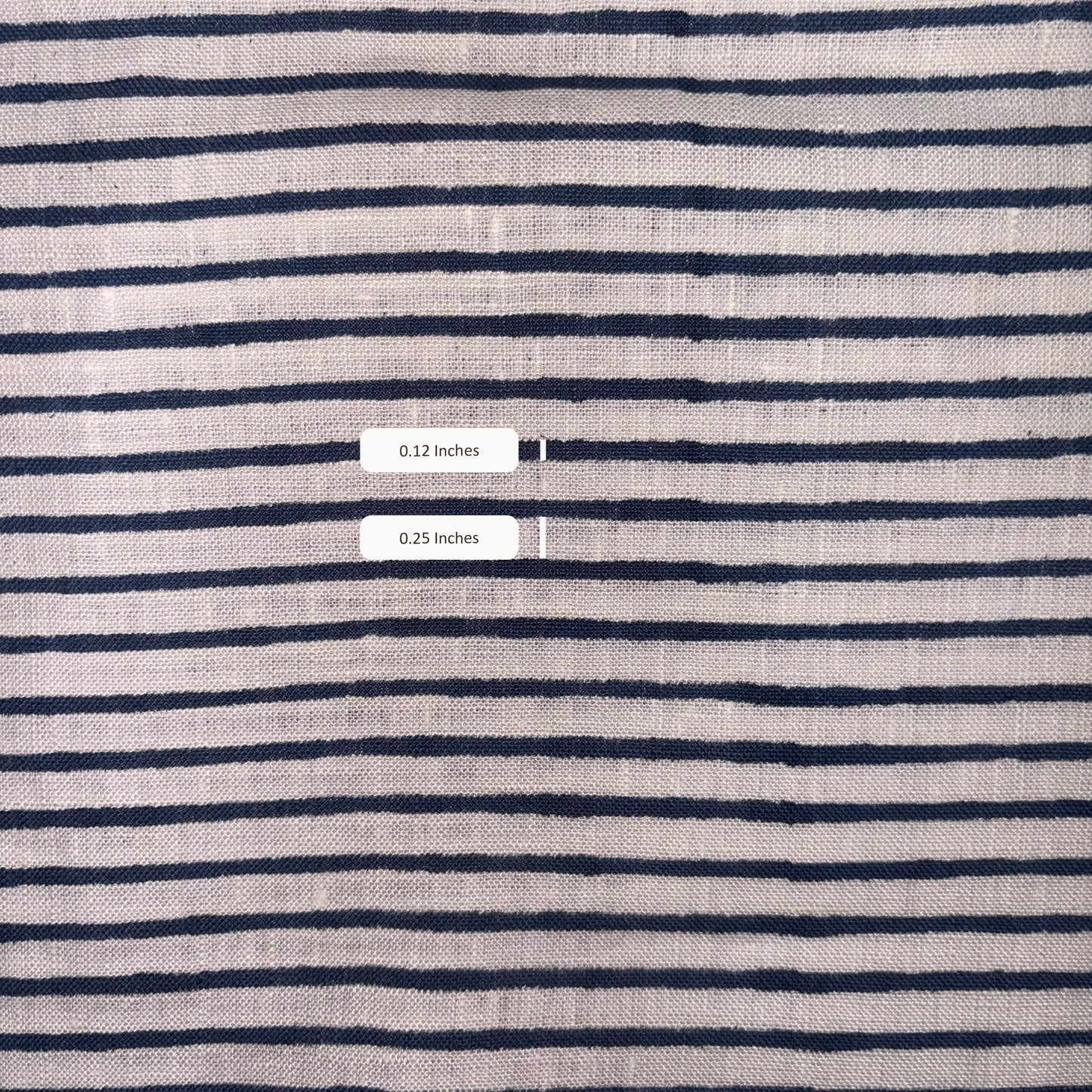 Navy stripes on a light gray fabric with measurement labels.