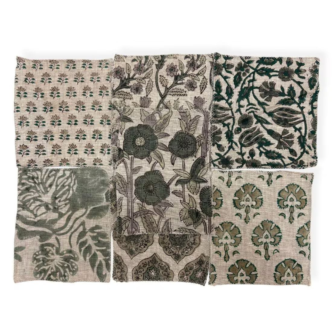 Seven folded fabric with vintage botanical and floral patterns in muted green, gray, and beige tones, arranged in a 2x2 grid on a white background.