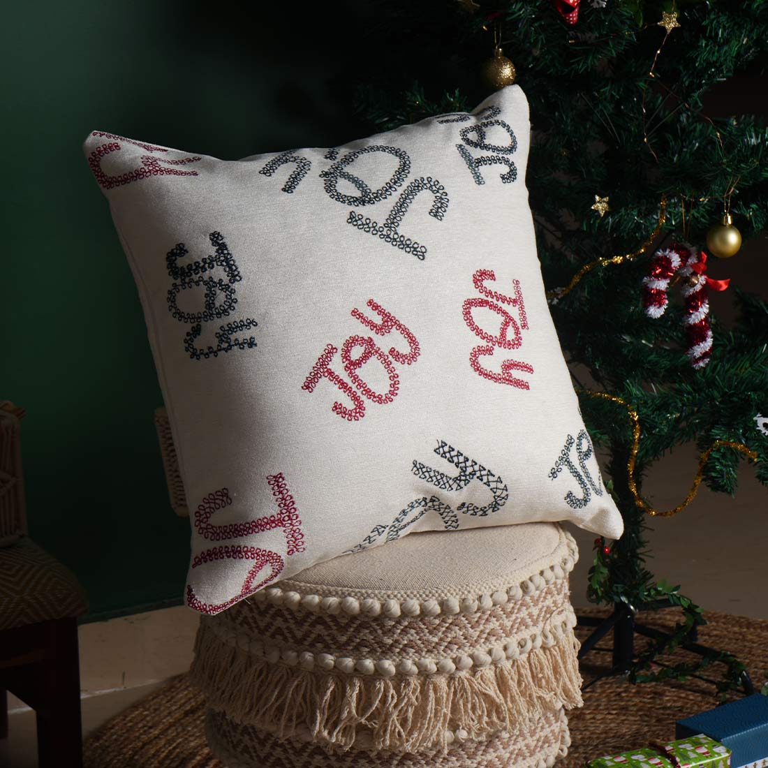 Joy Embroidery Pillow Cover | Embroidered Pillow Cover | Decorative Throw Cushion