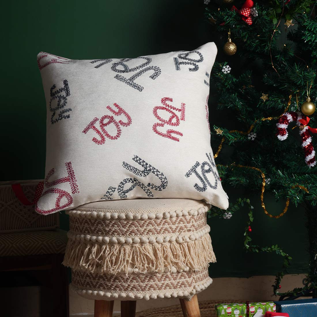 Joy Embroidery Pillow Cover | Embroidered Pillow Cover | Decorative Throw Cushion