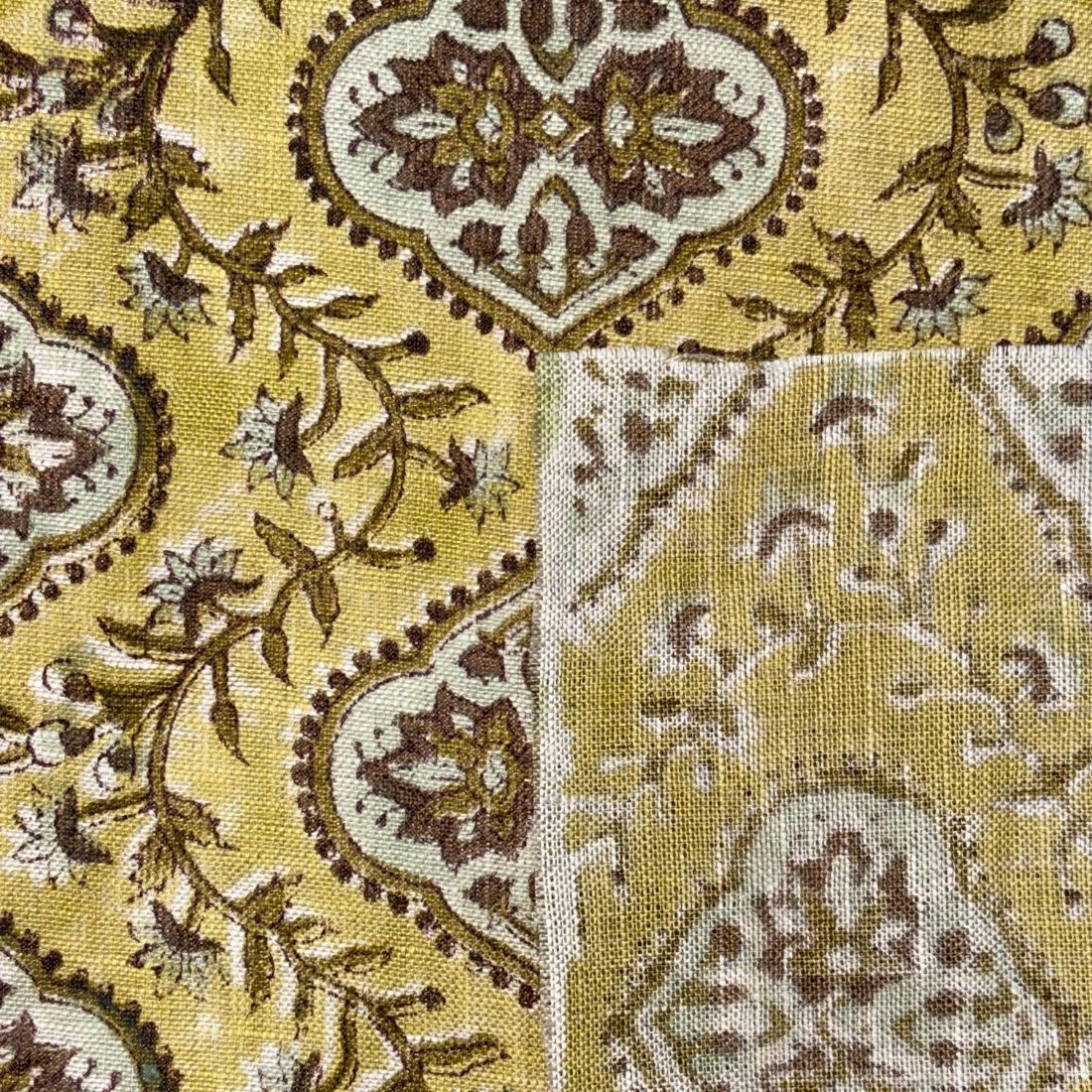 Close-up of a fabric with intricate paisley pattern in brown and beige on a yellow background.
