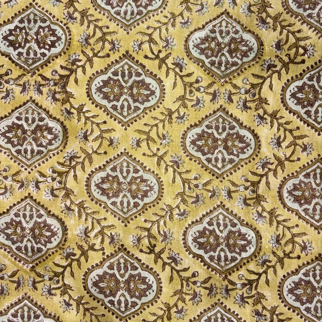 Patterned fabric with geometric design on a yellow background