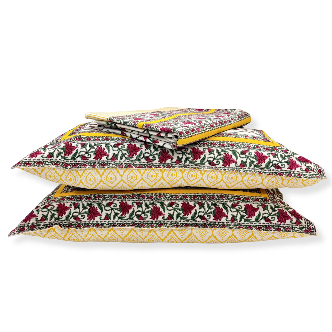 Stack of patterned pillows on a white background