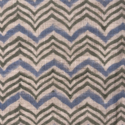 Fabric with zigzag pattern in blue, green, and gray on a neutral background