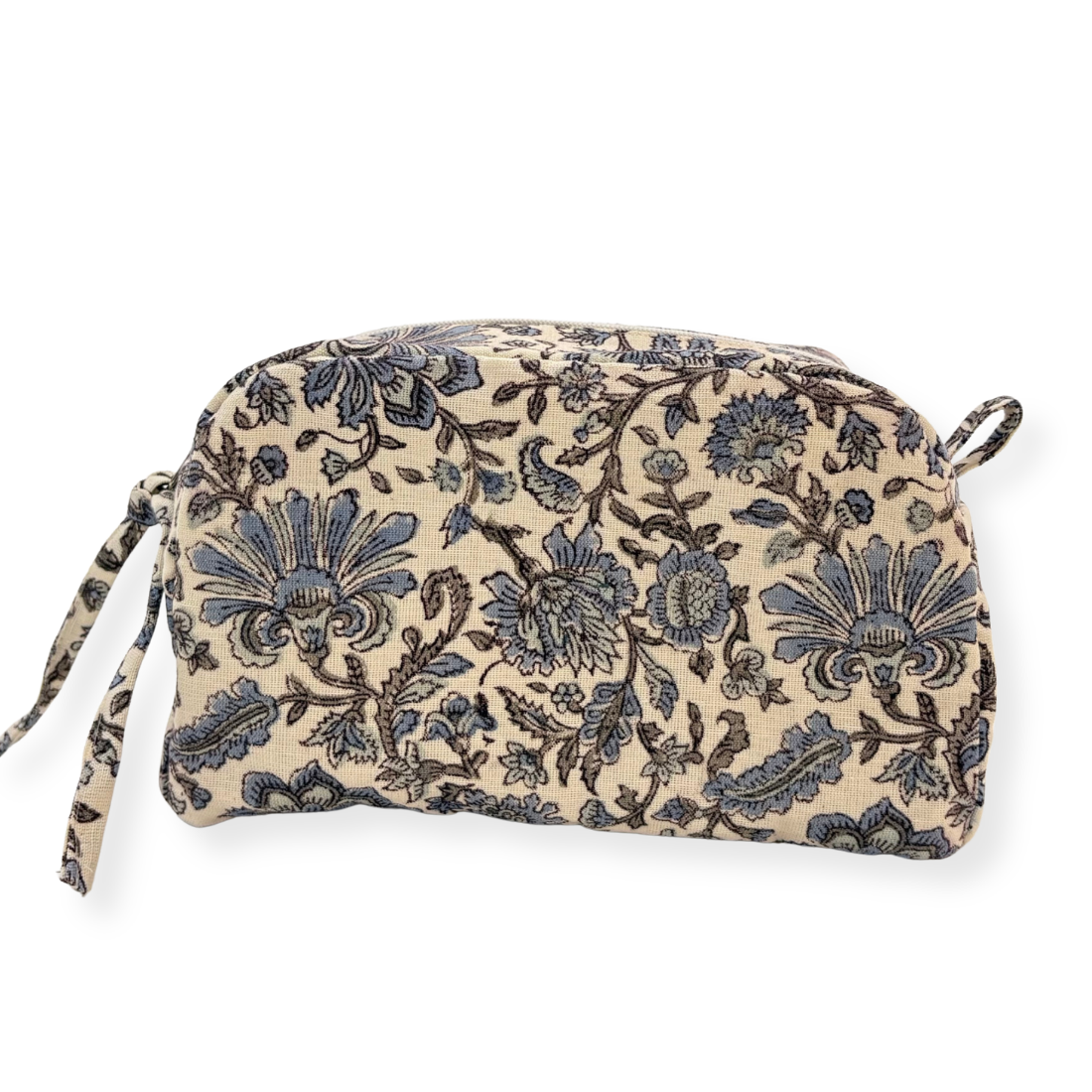 Floral patterned pouch with a strap on a white background