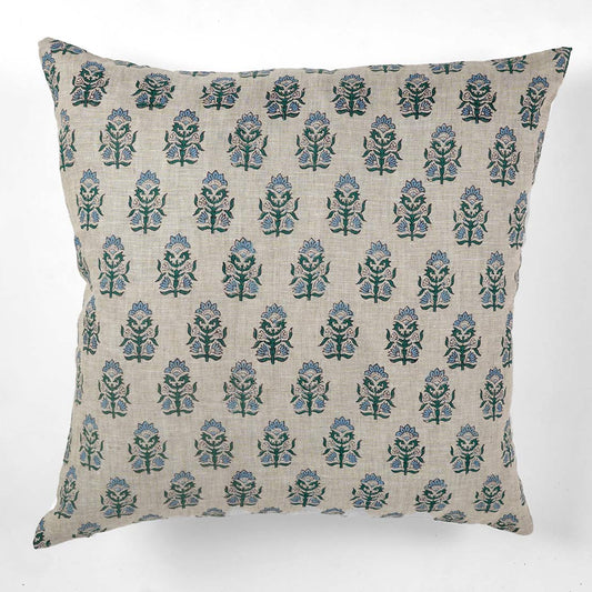 Iris Block Printed Pillow Cover | Handcrafted Floral Motif | Linen Pillow Cover