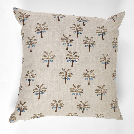 Decorative pillow with palm tree pattern on a white background