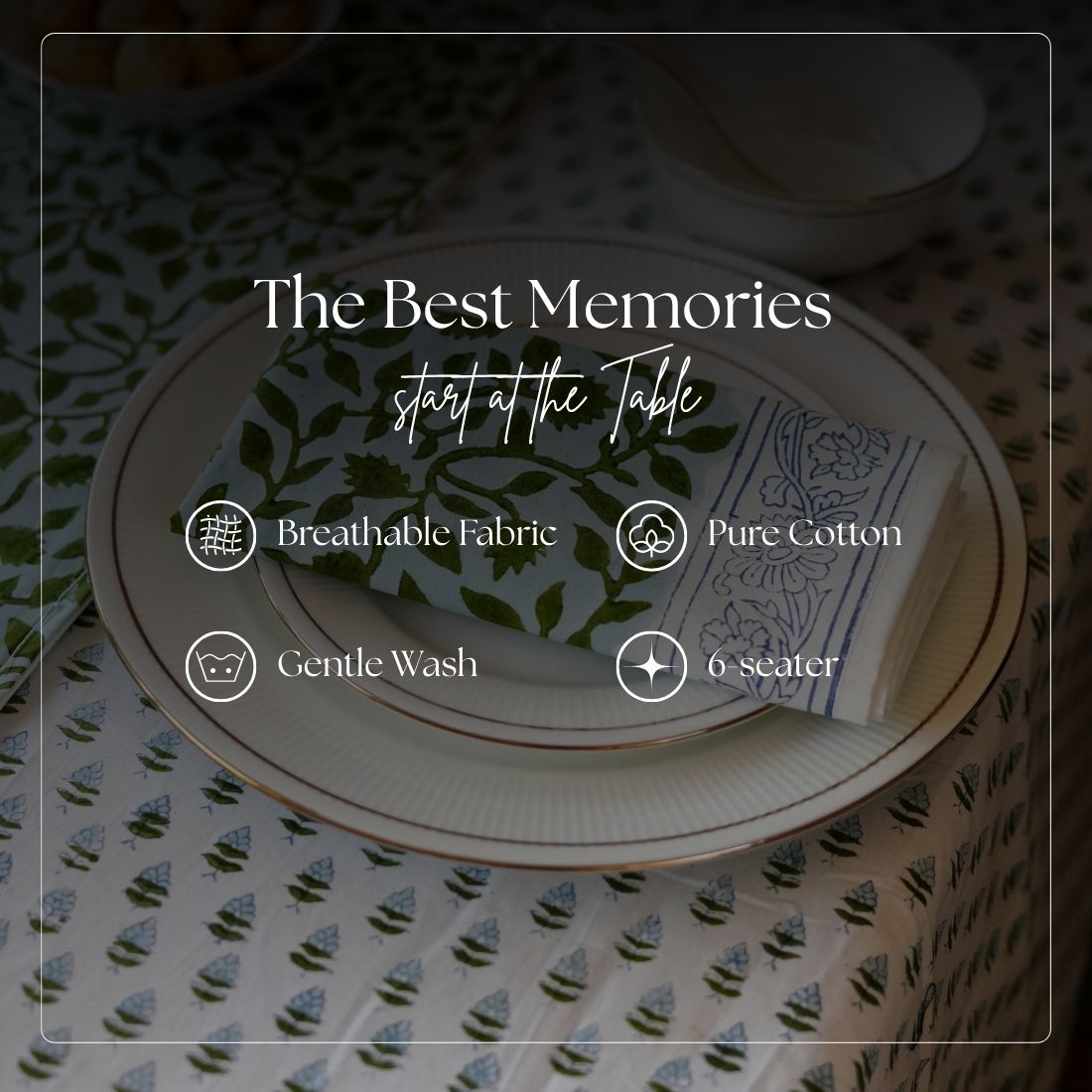 Table setting with green and white patterned tablecloth and napkin, text overlay about tableware features.