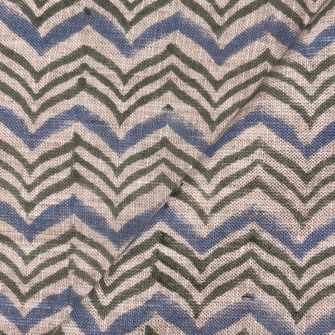 Fabric with a zigzag pattern in blue, gray, and beige.