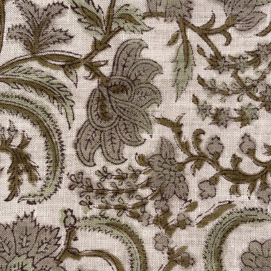 Close-up of a fabric with intricate paisley pattern in brown on a grey background