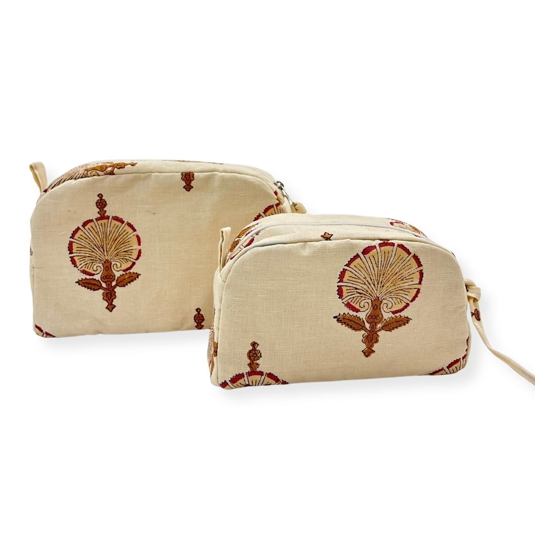 Two beige pouches with brown floral patterns on a white background