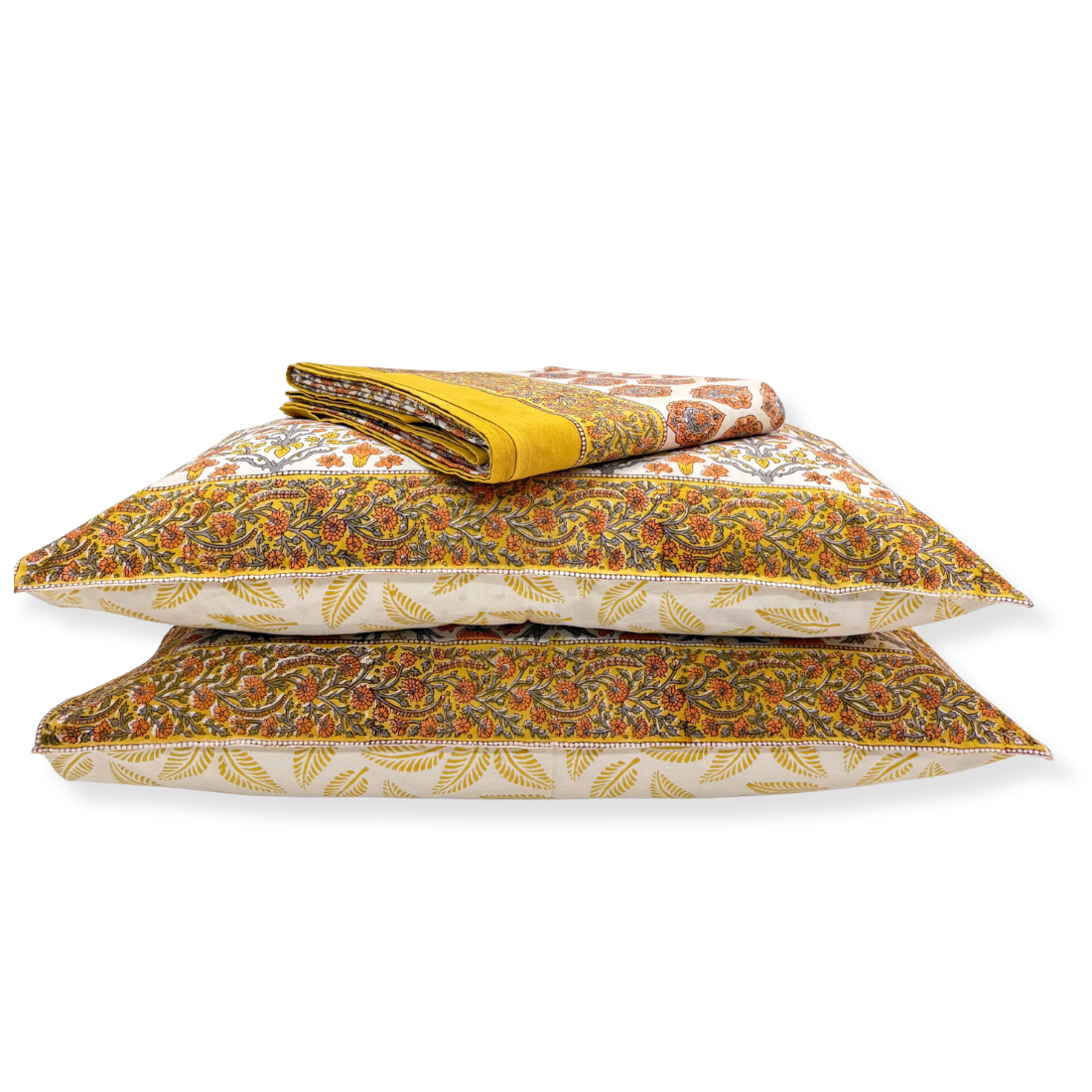 Floral patterned bedding set with a folded blanket on a white background