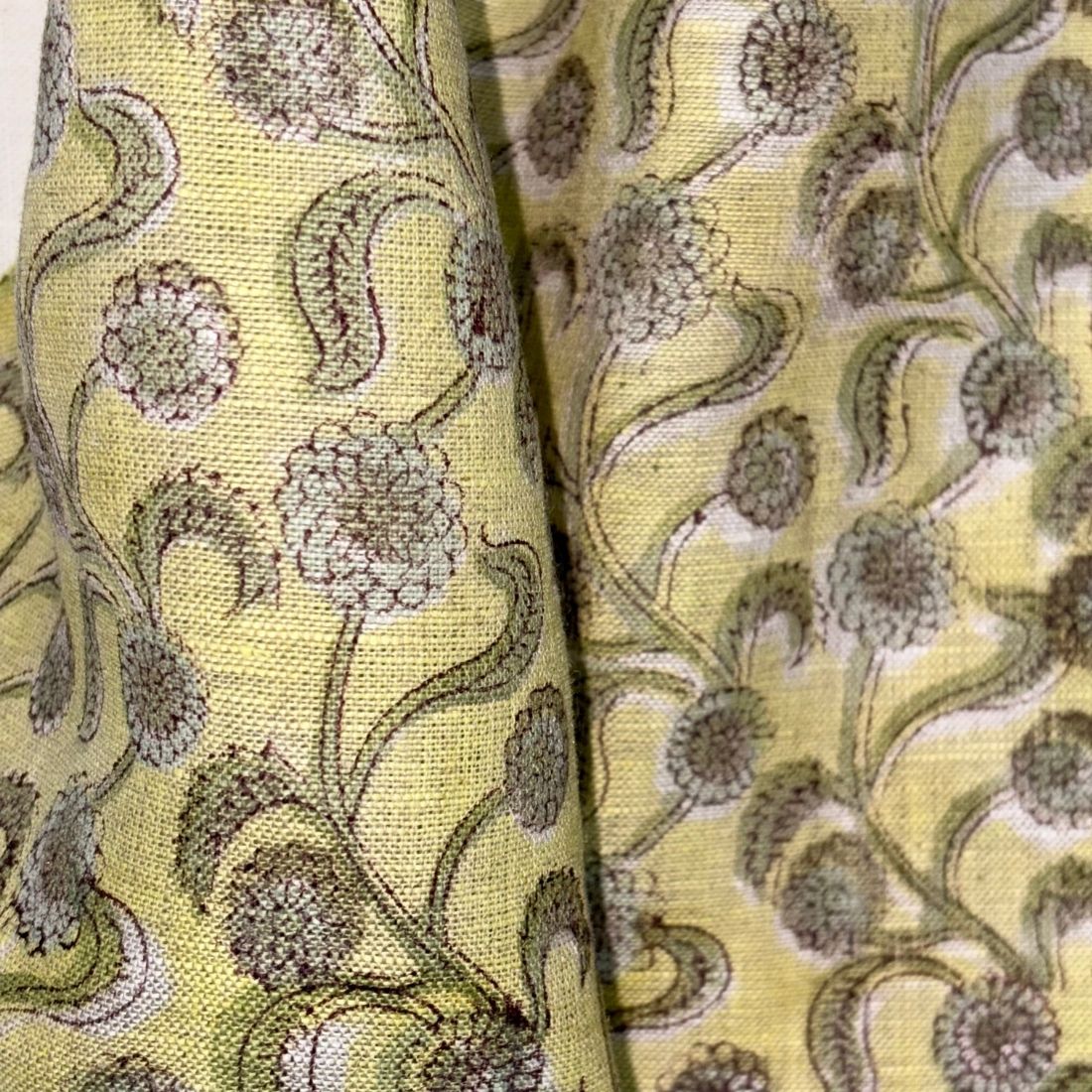 Close-up of yellow fabric with intricate floral pattern